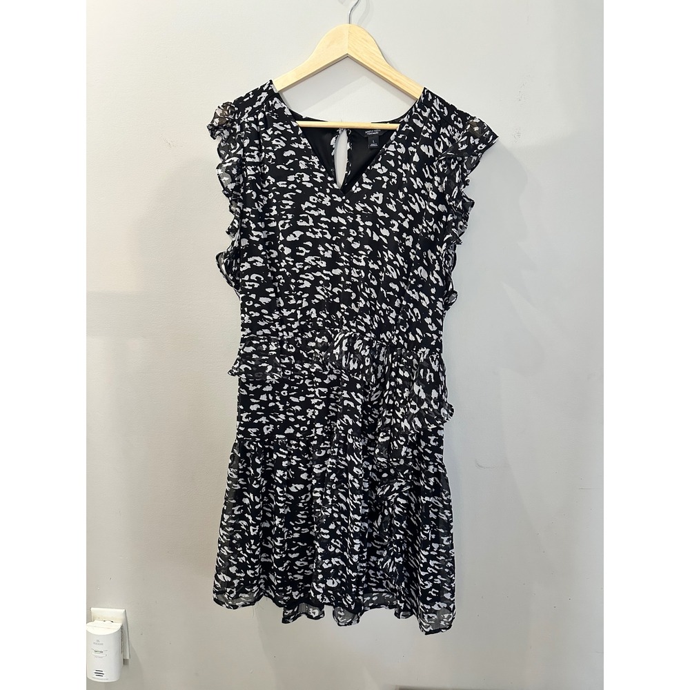 Simply Vera Verawang Black White Abstract Print Ruffle Chiffon Dress L
